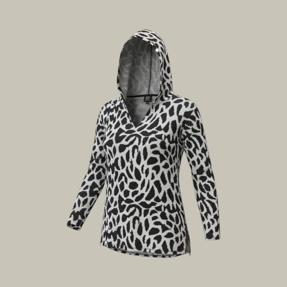 Bobeau Womens Leopard Print Hooded Sweater V-Neck Knit Top Black White Size M